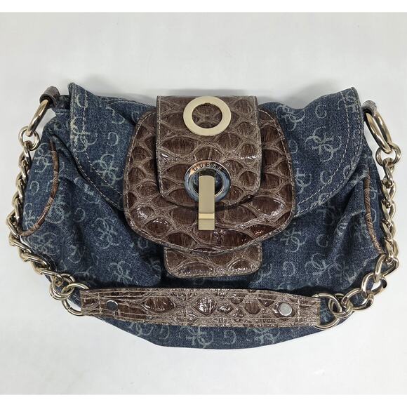 Vintage Y2K Guess Denim Croc Embossed Buckle Bag Gold Chain Vegan Leather Blue - Picture 15 of 16